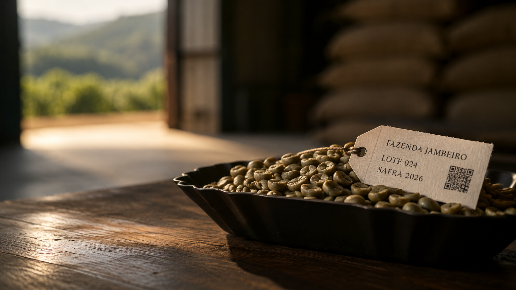 Grãos de café com etiqueta da Fazenda Jambeiro, lote 024, safra 2026